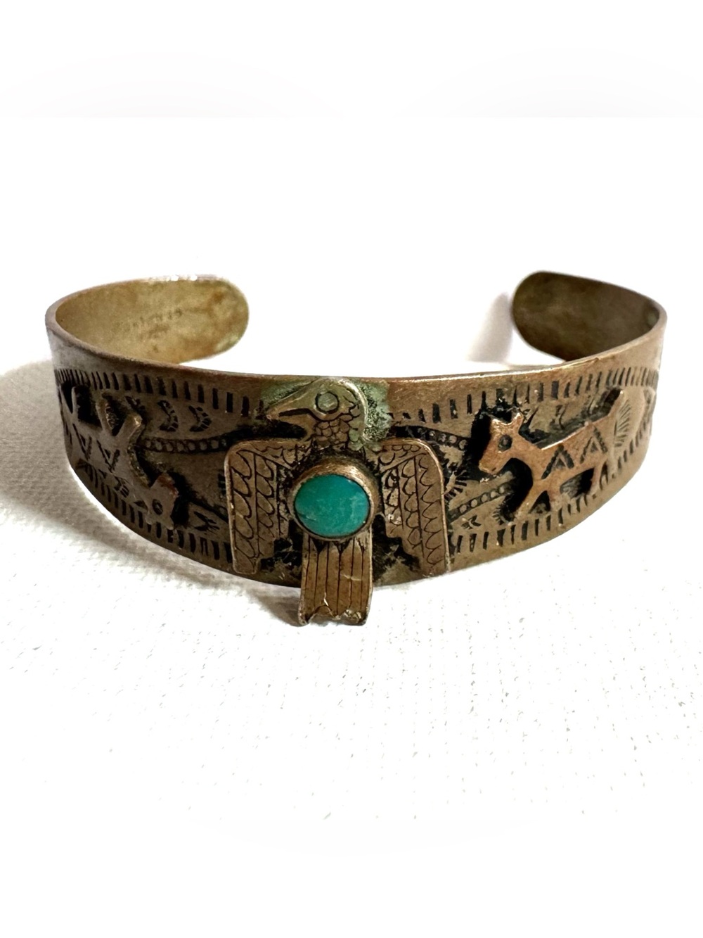 Vtg Nickel Silver Genuine Turquoise Thunderbird Horse Cuff Bracelet Southwest